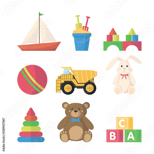 Set of icons of children's toys. Plastic and soft toys for children of different ages. 