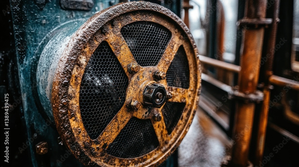 Fototapeta premium Close-up of a weathered industrial machine part. Rusty, circular metal component with a grid pattern