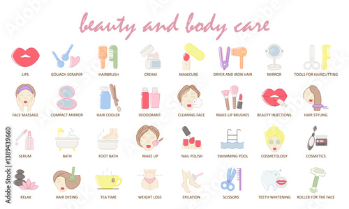 set of icons for body care, beauty, cosmetology, hygiene and makeup creation. Icons in flat style.Manicure, beauty salon, style and fashion