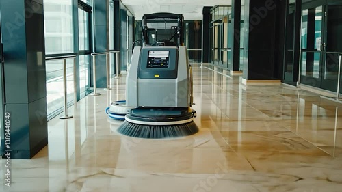 Floor Scrubber Cleaning Marble Floor in Modern Building Interior