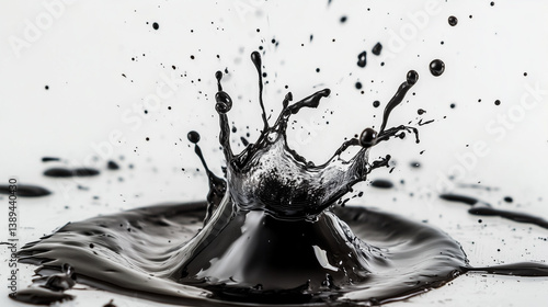 Black paint splash captured in high-speed macro on white background