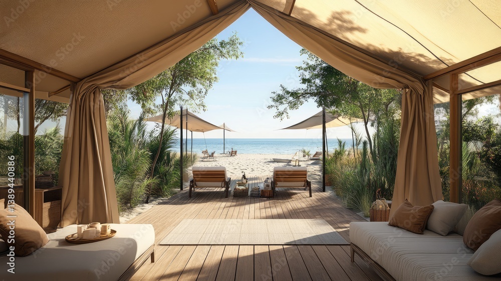 Wooden deck with cushions and sea view, peaceful area outside beach tent for sipping morning coffee