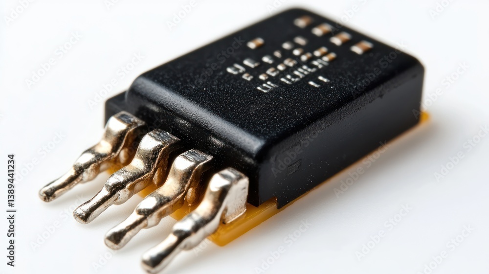 Close-up of a Black Microchip with Gold Pins on a White Background Close-up of a Black Microchip with Gold Pins on a White Background