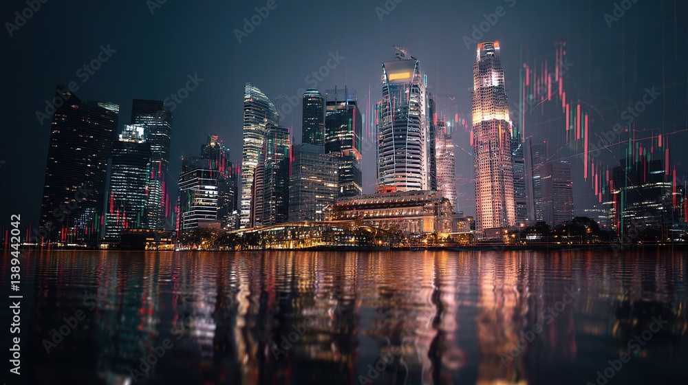 Obraz premium Urban Skyline of Singapore with Financial Graph Trends Overlaid