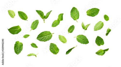 Fresh Spearmint Leaves Cascading on Transparent Background: Herbal Aroma and Health Concept
