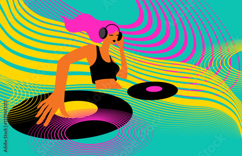 DJ woman vector illustration, music party poster , music fest banner	
