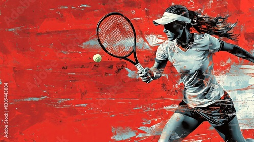 Pop art illustration, female tennis player with racket and ball, in motion speed, on vintage old red background.