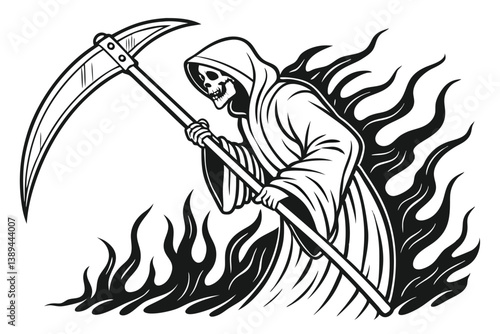 76 Grim reaper, hooded figure, scythe, black and white illustration, dotted shading technique, ethereal, floating, dark shadows, flames, ominous, detailed linework, gothic style, eerie atmosphere, sup