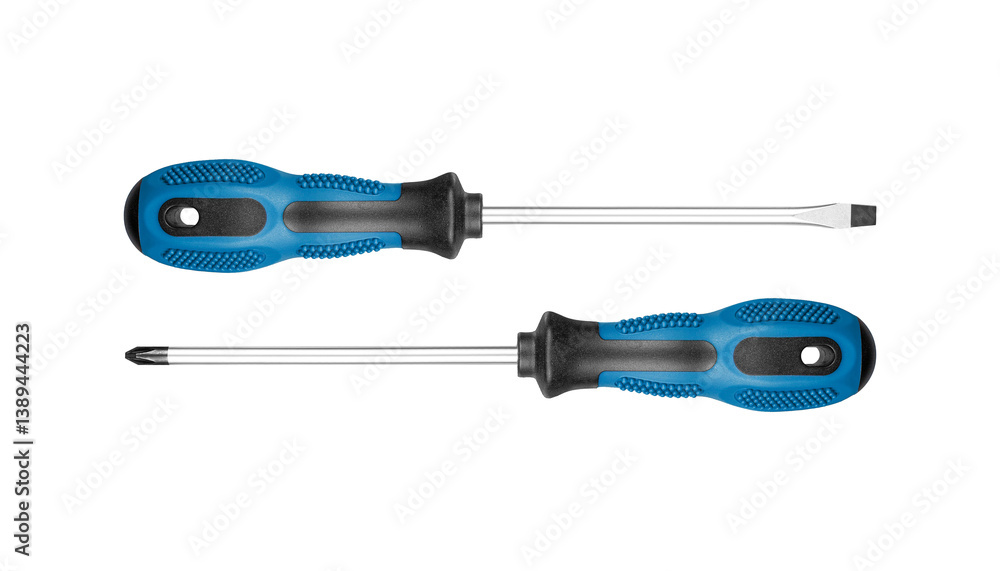 Set of Philips and flathead screwdrivers blue color on isolated white background close-up