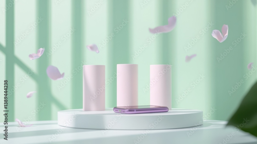 Pink smartphone on podium, flower petals, soft light Pink smartphone on podium, flower petals, soft light