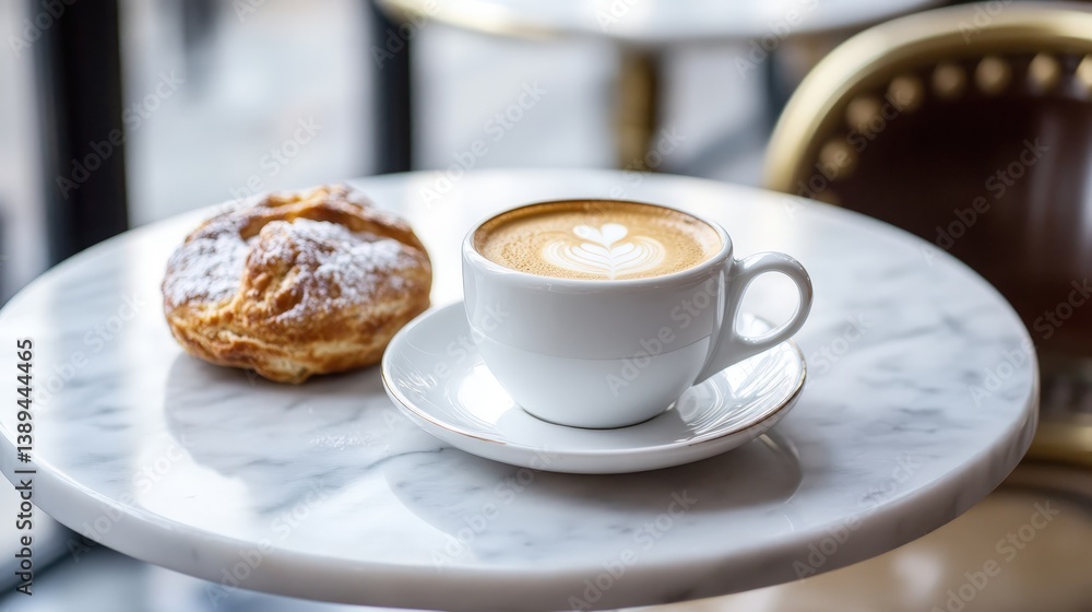 Parisian setting with a cup of espresso and a delicate pastry on a marble table Parisian setting with a cup of espresso and a delicate pastry on a marble table