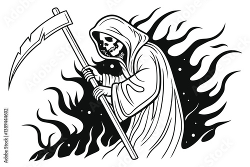 76 Grim reaper, hooded figure, scythe, black and white illustration, dotted shading technique, ethereal, floating, dark shadows, flames, ominous, detailed linework, gothic style, eerie atmosphere, sup