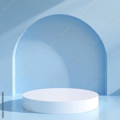 Empty light blue pedestal, archway, minimal product display, 3D rendering, studio shot, showcasing