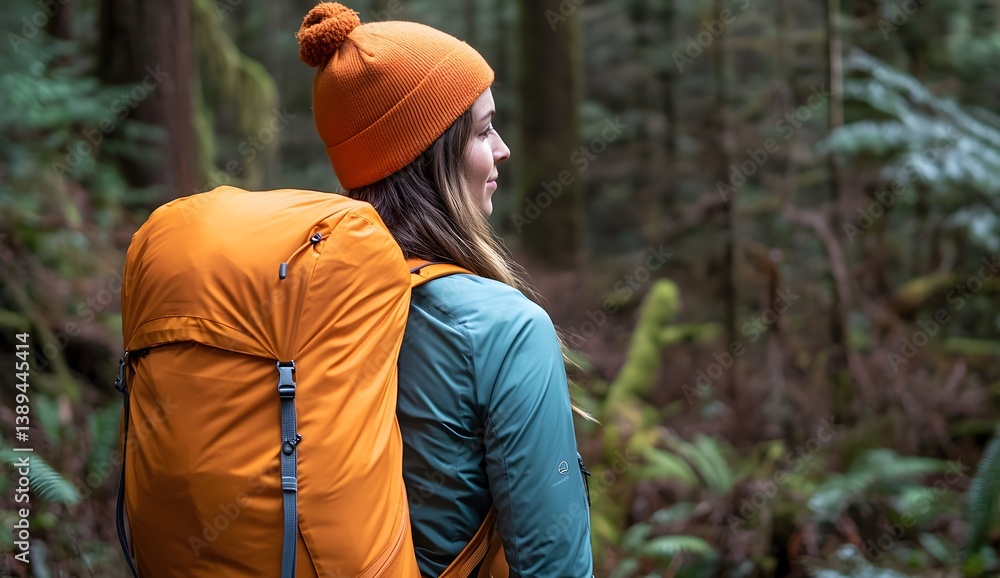 Fototapeta premium Woman with backpack and beanie in forest looking away from camera.