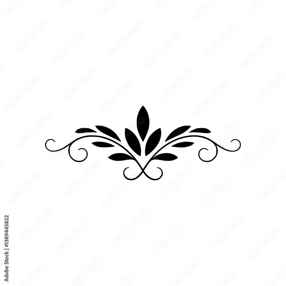 Elegant Black Floral Divider with Leaves and Swirls on White Background Elegant Black Floral Divider with Leaves and Swirls on White Background