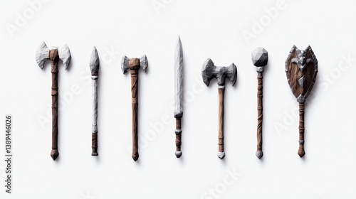 Miniature fantasy weapons arranged in a row.  Detailed, stylized models of axes, spears, swords, and a shield