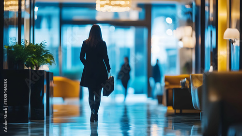 Businesswoman Walking in Modern Hotel Lobby Elegant Black Coat and Briefcase