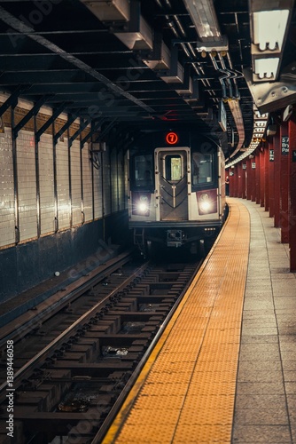 Subway train approaches station platform in NYC.