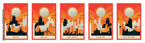 USA Texas state citie brutalism poster pack with skylines, landmarks of Austin, Houston, Dallas, San Antonio. Fort Worth. Vector vertical illustration set. US travel cover, brochure template images