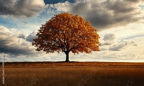 Majestic autumn tree standing alone in a golden field under a dramatic cloudy sky