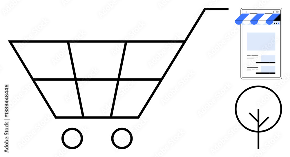Shopping cart next to a mobile storefront interface and a simple tree icon. Ideal for e-commerce, sustainability, online shopping, digital retail, eco-commerce, mobile apps, technology. Flat simple Shopping cart next to a mobile storefront interface and a simple tree icon. Ideal for e-commerce, sustainability, online shopping, digital retail, eco-commerce, mobile apps, technology. Flat simple