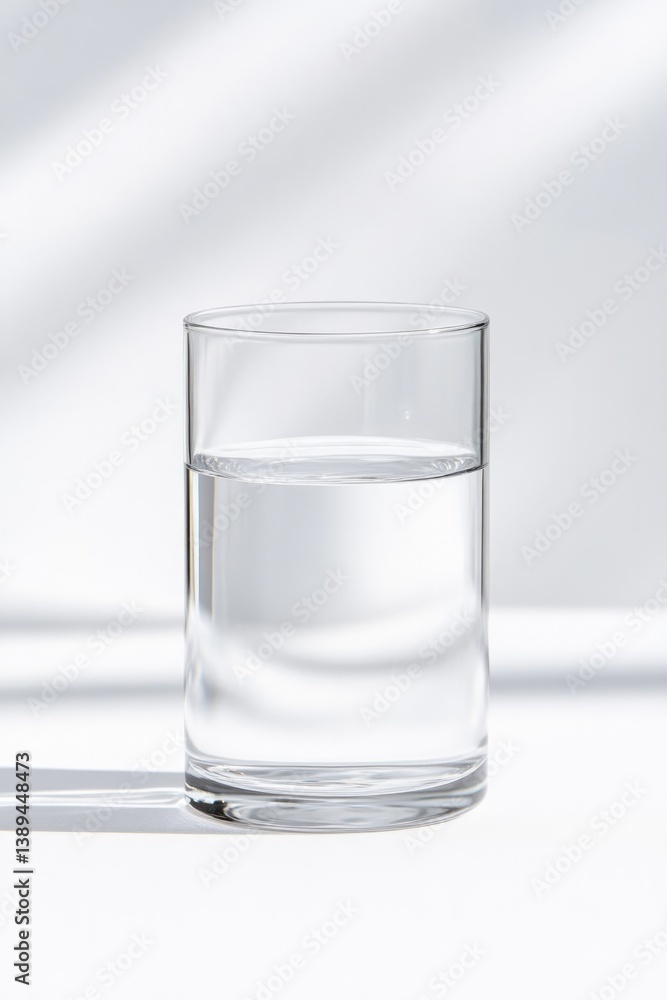 Clear glass filled with water reflects soft light, creating mini Clear glass filled with water reflects soft light, creating mini