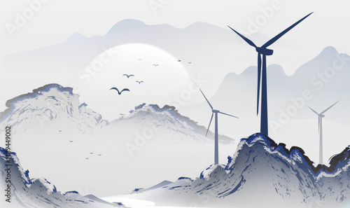 Environmental ink style horizontal illustration of wind energy