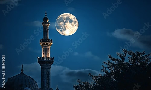 Majestic full moon illuminating a mosque tower under a clear night sky with clouds
