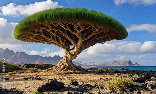 Majestic Dragon's Blood Tree Standing Alone on Rocky Shoreline with Scenic Mountains in Background