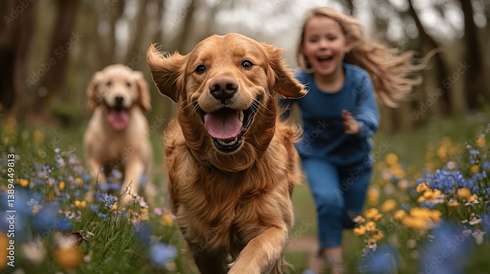Children running with dogs in spring forest Children running with dogs in spring forest
