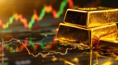 Shiny gold bars on a stock market background with graphs.