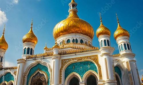 Majestic golden domes of a stunning mosque against a clear blue sky with fluffy clouds