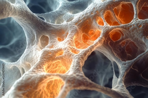 Wallpaper Mural Porous, trabecular bone structure. The bone matrix is primarily light gray/white with sections illuminated in warm orange tones. Intricate network of interconnected spaces within the bone. Torontodigital.ca