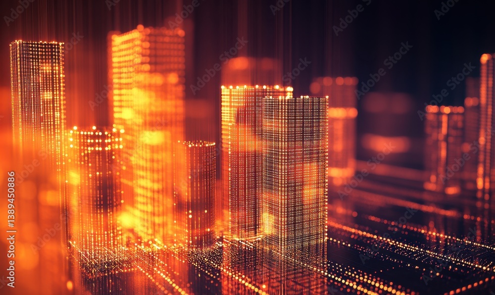 Fototapeta premium Futuristic city skyline at night, digital art, glowing buildings, data streams, website header