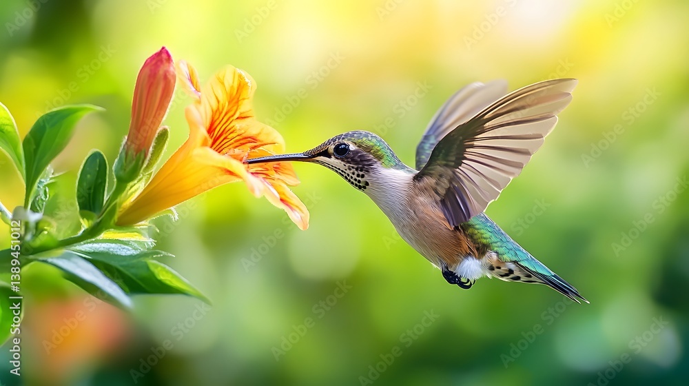 Naklejka premium Hummingbird feeding on flower in vibrant garden