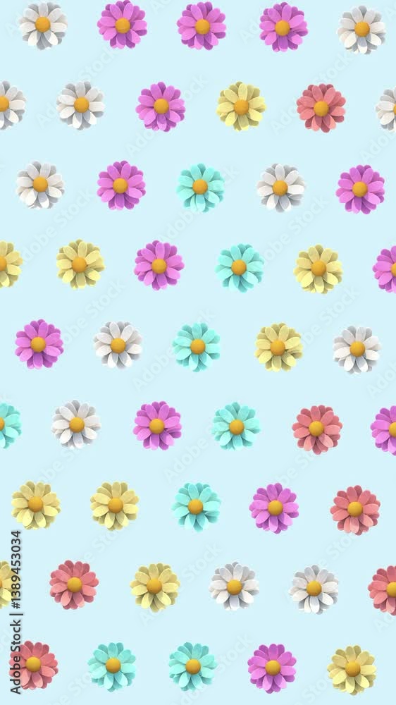 3D animation: Looping animated pattern of colorful flowers rotating randomly on a light blue background. Vertical composition. 3D animation: Looping animated pattern of colorful flowers rotating randomly on a light blue background. Vertical composition.