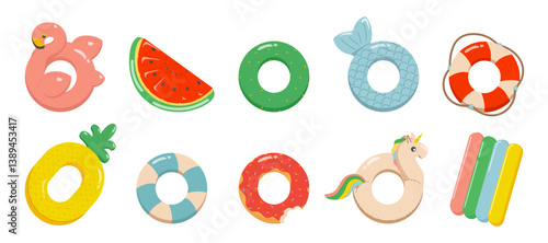 Set of rubber inflatable swimming rings. Lifesaver, donut, watermelon, flamingo toy for water and beach or trip safety. Life saving floating lifebuoy. Rescue ring top view cartoon vector illustration.