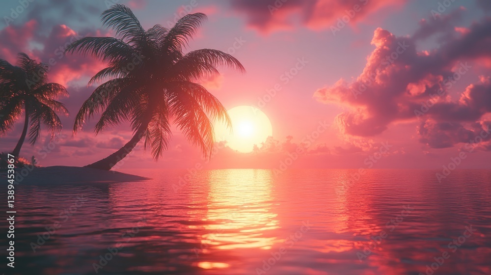 Obraz premium Tranquil sunset over a serene tropical beach with silhouetted palm trees and calm reflective ocean waters