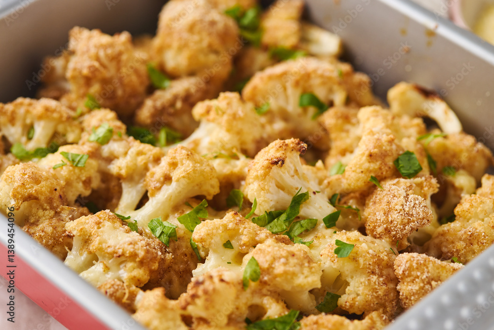 Close-up of Baked Cauliflower with Cheese and Herbs in a Pan Close-up of Baked Cauliflower with Cheese and Herbs in a Pan