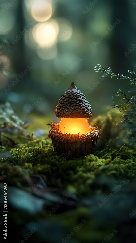Illuminated acorn lantern in forest moss Illuminated acorn lantern in forest moss