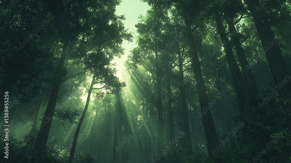 Obraz premium Golden sunlight filtering through towering pine trees in a misty forest, lush greenery, soft background blur, and tranquil natural landscapes with dramatic light and shadow effects.