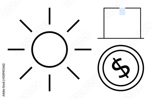 Sun with lines, dollar coin, and voting box symbolizing solar energy, financial decisions, and civic participation. Ideal for energy, finance, government, sustainability economy voting investment