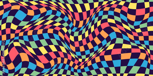 Abstract Psychedelic Checkerboard Background with Retro Colors. Trippy modern design with distortion grid effect. Twisted wavy and groovy geometrical chessboard. Distorted funky 70s hippie art