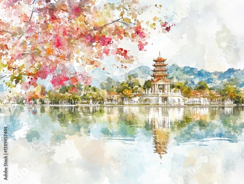 Serene Reflection of Ancient Vietnamese Pagoda by Lotus Lake Tranquil Landscape Watercolor Art