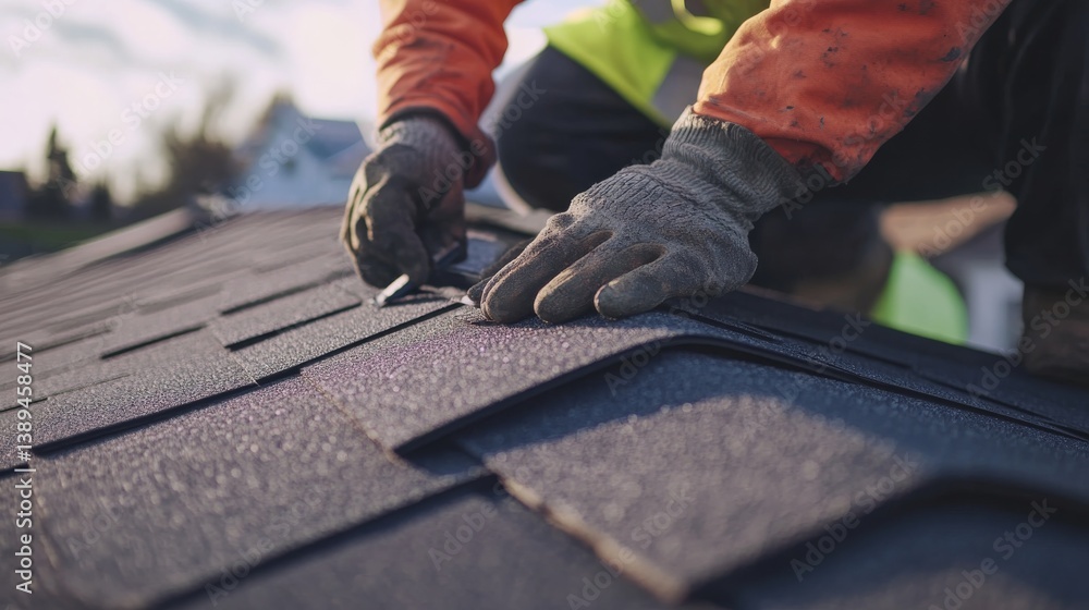 A construction worker placing roof shingles at a building site. Featuring care and precision A construction worker placing roof shingles at a building site. Featuring care and precision