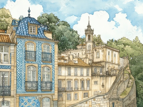 Exploring Portuguese Tiled Buildings on Steep Hillside Lisbon Architectural Art Vibrant Colors Scenic View Cultural Heritage