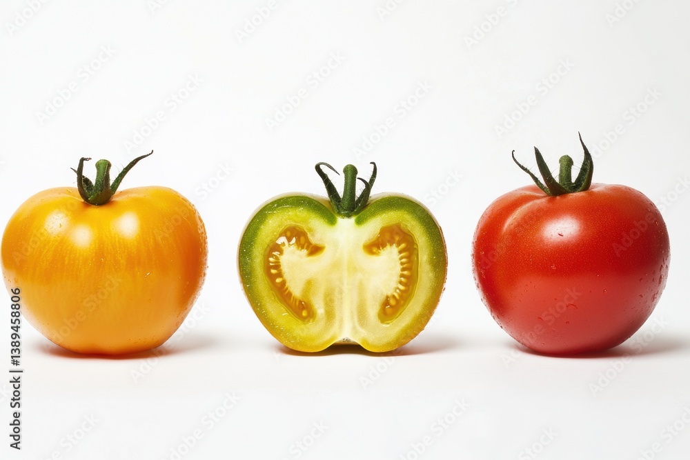 Tomato slice front view isolate. Tomato isolated with shadow on white background. Set of round tomato. Fresh red ripe whole tomatoes with half against white backdrop. Vegetables. Full depth of field. Tomato slice front view isolate. Tomato isolated with shadow on white background. Set of round tomato. Fresh red ripe whole tomatoes with half against white backdrop. Vegetables. Full depth of field.