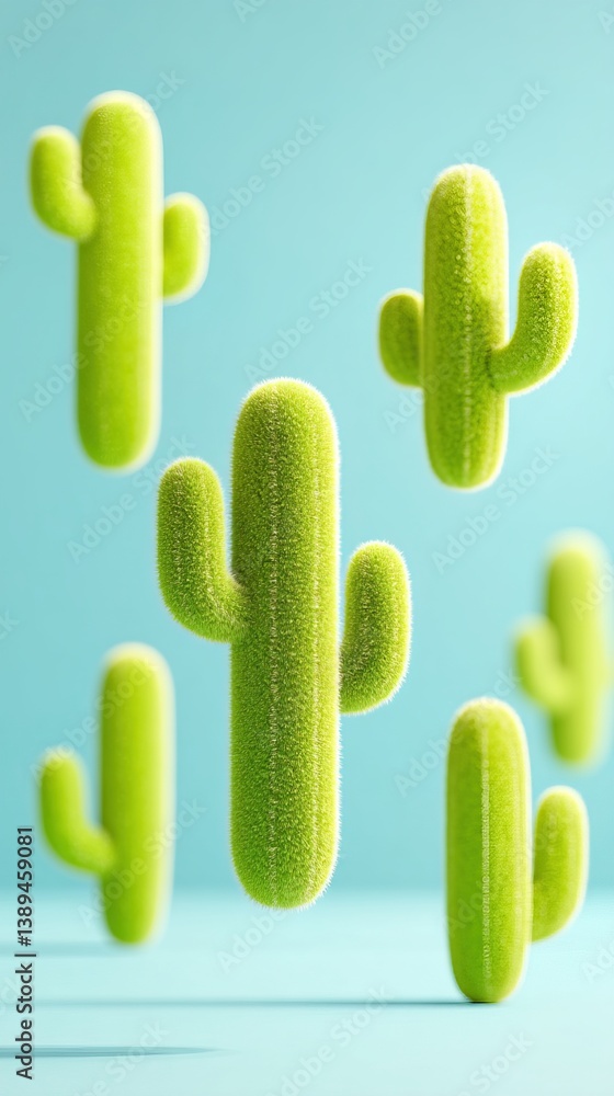 Cactuses float individually in bright studio setting Cactuses float individually in bright studio setting