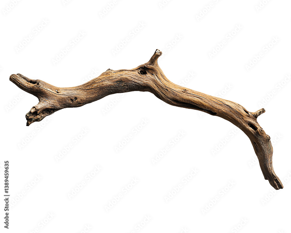Fototapeta premium Weathered Driftwood Branch on Transparent Background, PNG