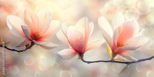 Three Blooming Magnolia Flowers on a Branch, Spring Floral Background with Soft Sunlight